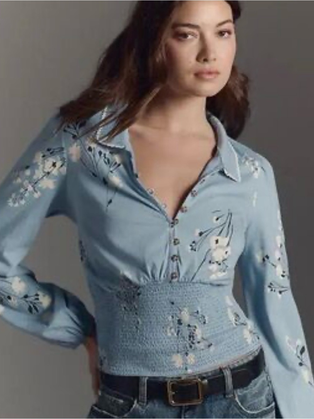 Maeve Anthropologie Light Blue Floral Button-Down Smocked Waist Top